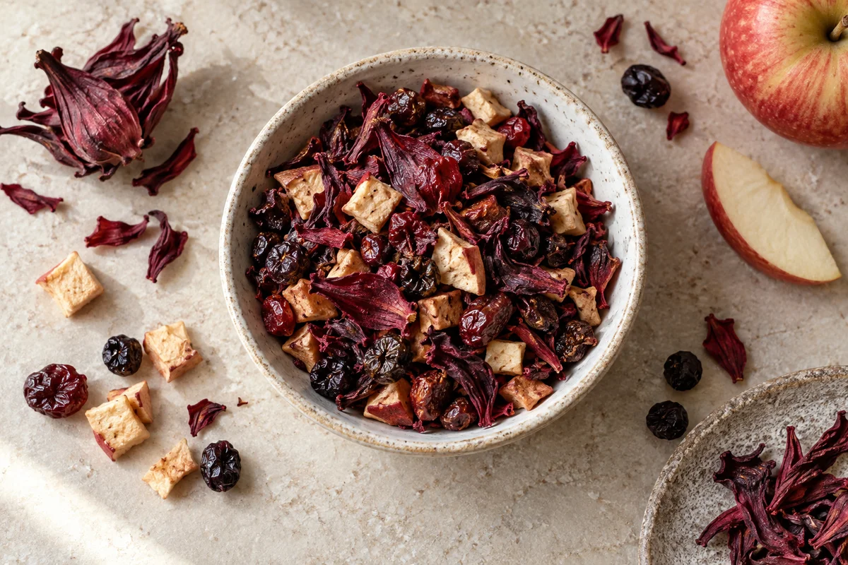 Eine Früchteteemischung mit Hibiskus, Apfel, Hagebutte und wenigen getrockneten Beerenstücken