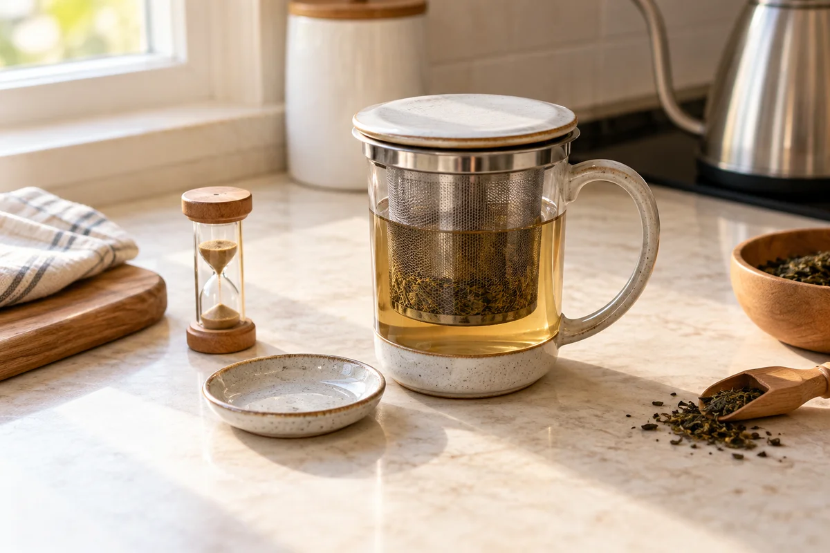 Eine Tasse mit Teesieb und Timer auf einem Schreibtisch