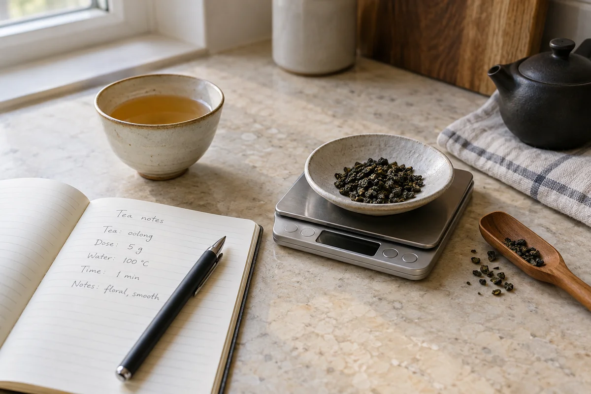 Kurze handschriftliche Teenotizen neben Tasse und Waagschale