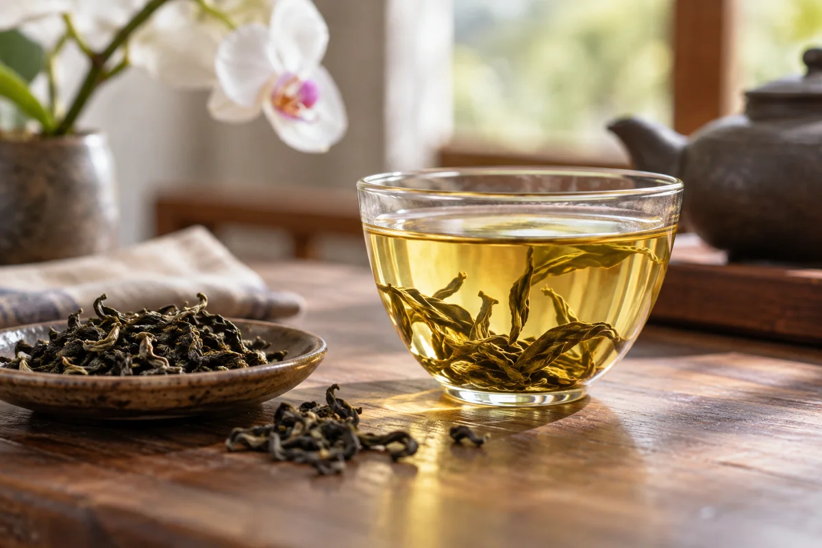 Goldener Tee neben langen Oolongblättern und einer unscharfen Orchidee