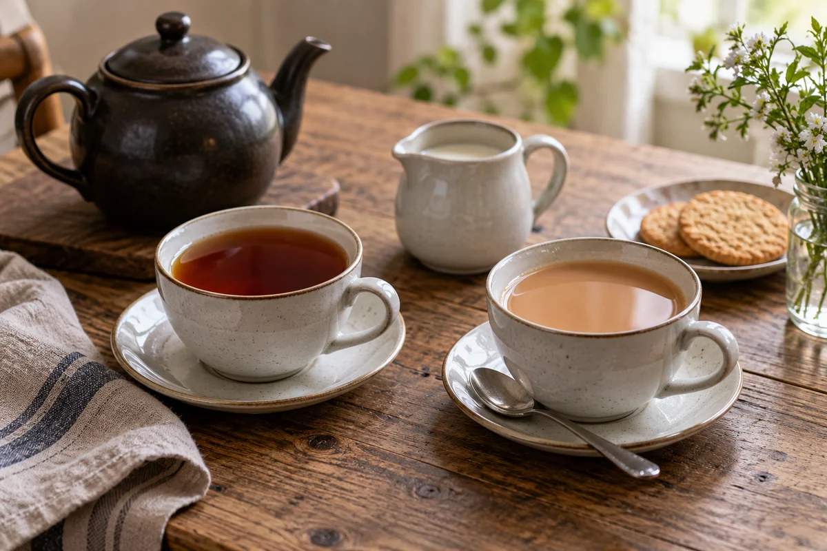 Kräftiger Schwarztee und eine zweite Tasse mit Milch