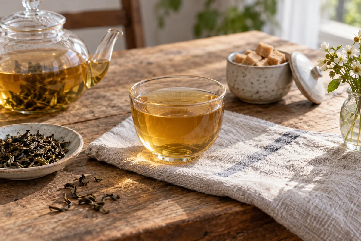 Goldener Tee mit einer abseits stehenden Zuckerdose