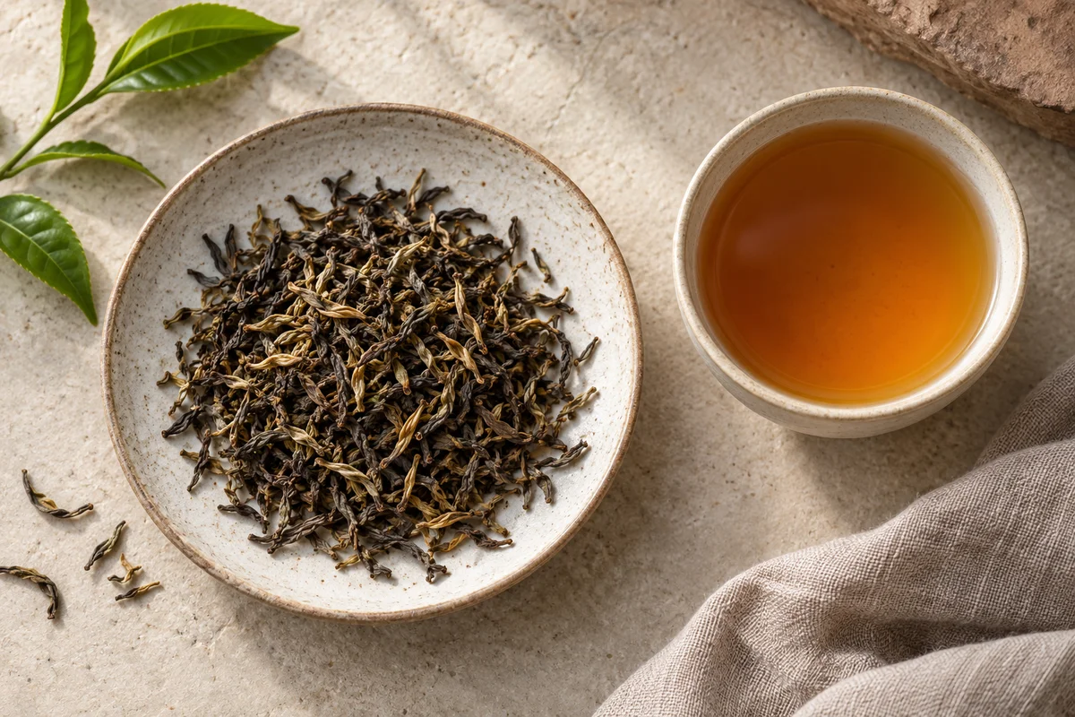 Dunkle Second-Flush-Darjeelingblätter mit goldenen Spitzen und bernsteinfarbenem Tee