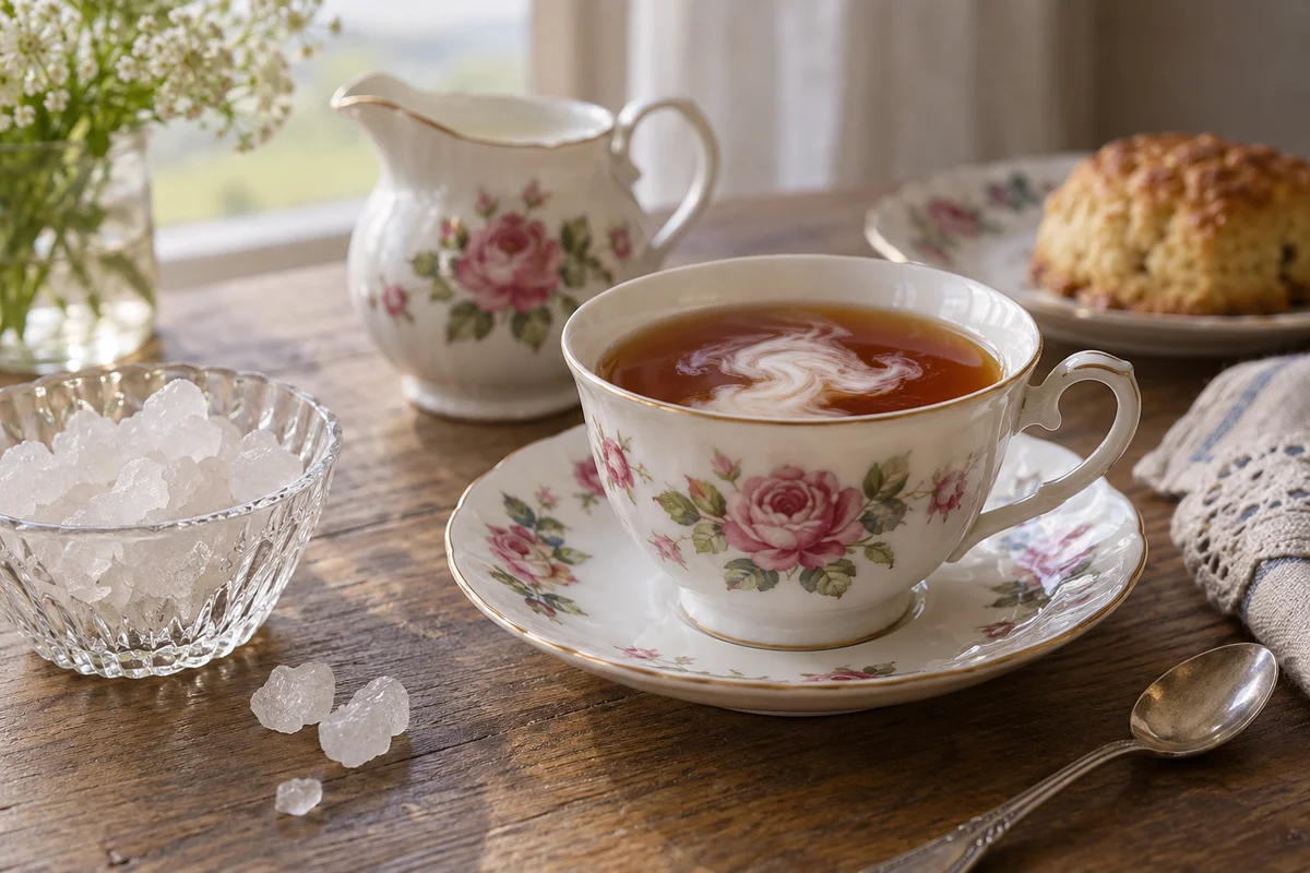 Ostfriesische Rosentasse mit Sahnewolke und weißem Kandis