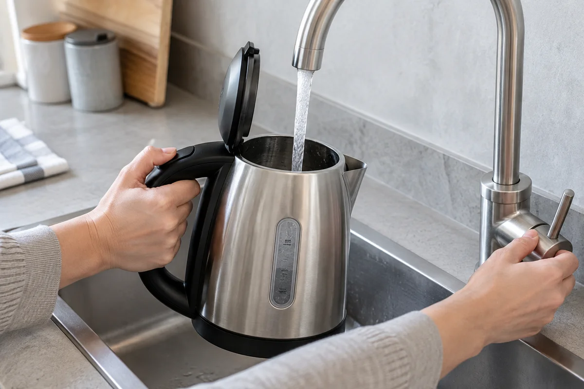 Frisches Wasser wird an der Spüle in einen Wasserkocher gefüllt
