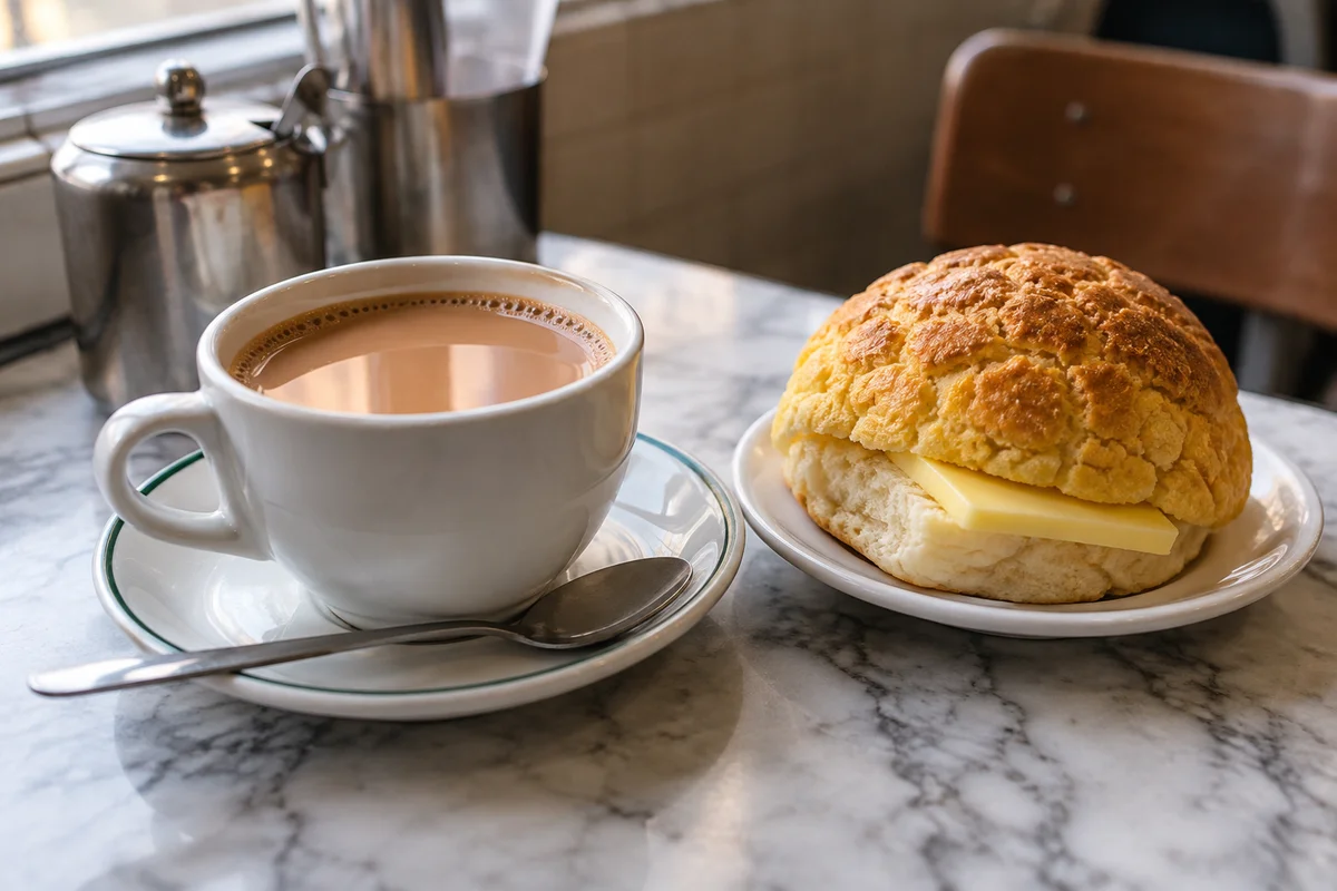 Hongkonger Milchtee neben einem Ananasbrötchen