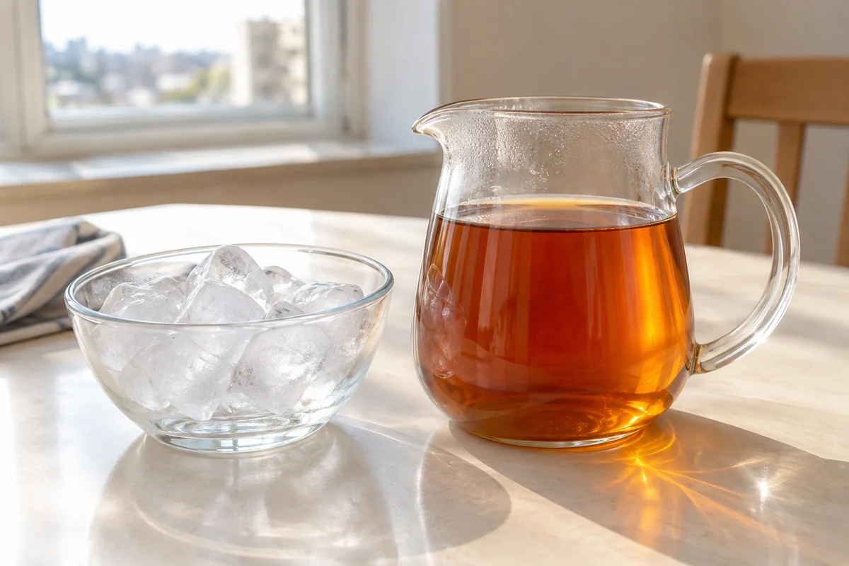 Bernsteinfarbener Tee in einer Glaskanne neben einer Schale mit Eiswürfeln