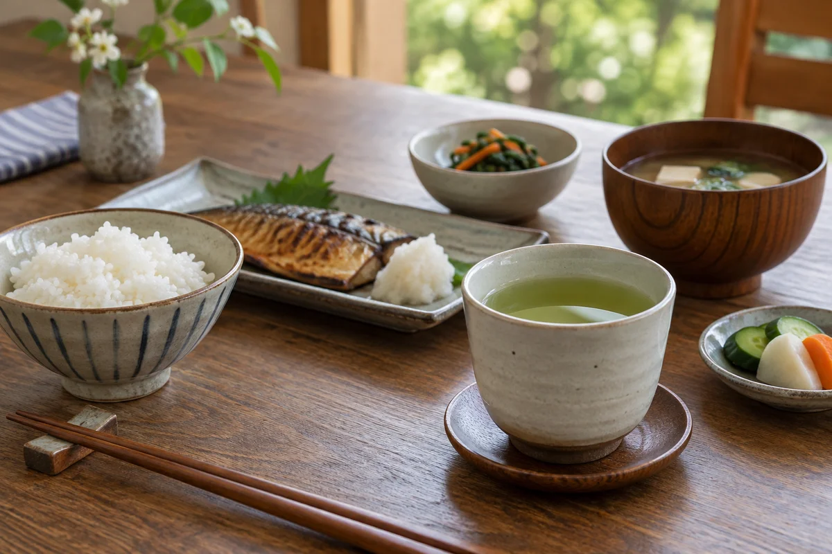 Simple green tea cup beside rice bowl and home meal setting