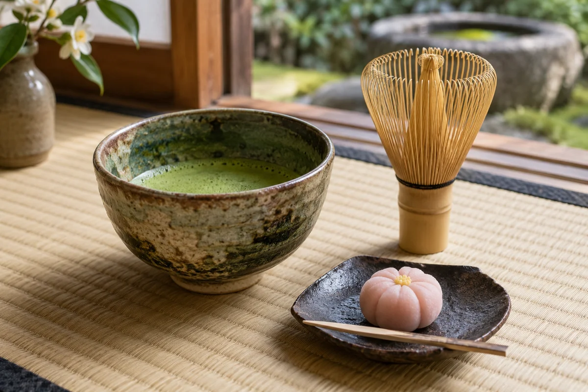 Matchaschale und kleines Wagashi auf Tatami neben einem Bambusbesen