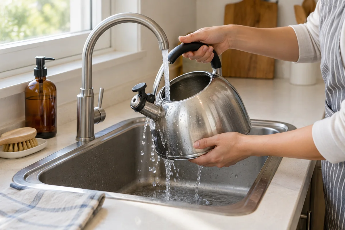 Ein Metallwasserkessel wird über dem Spülbecken ausgespült