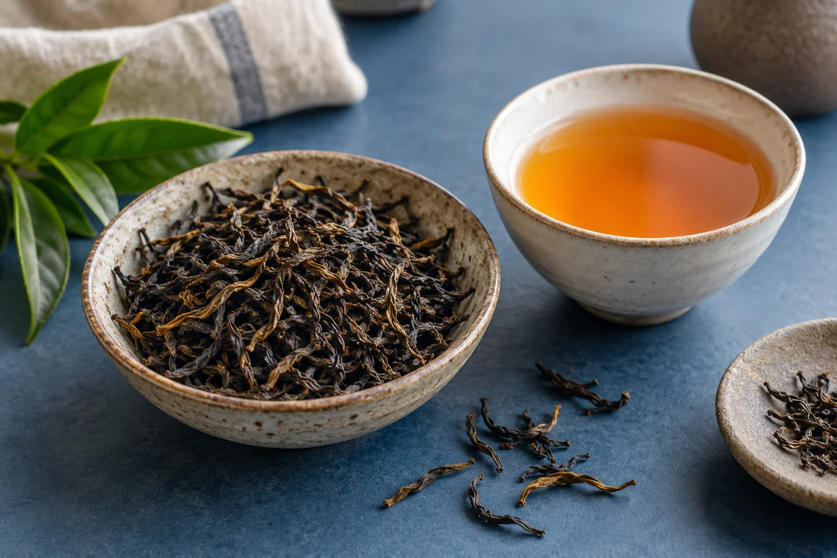 Drahtig gerollte Nilgiri-Schwarzteeblätter neben orangegoldenem Tee
