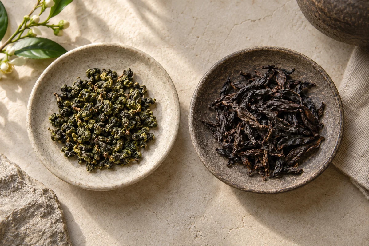 Grün gerollter Oolong neben dunklen gedrehten Blättern eines gerösteten Oolongs