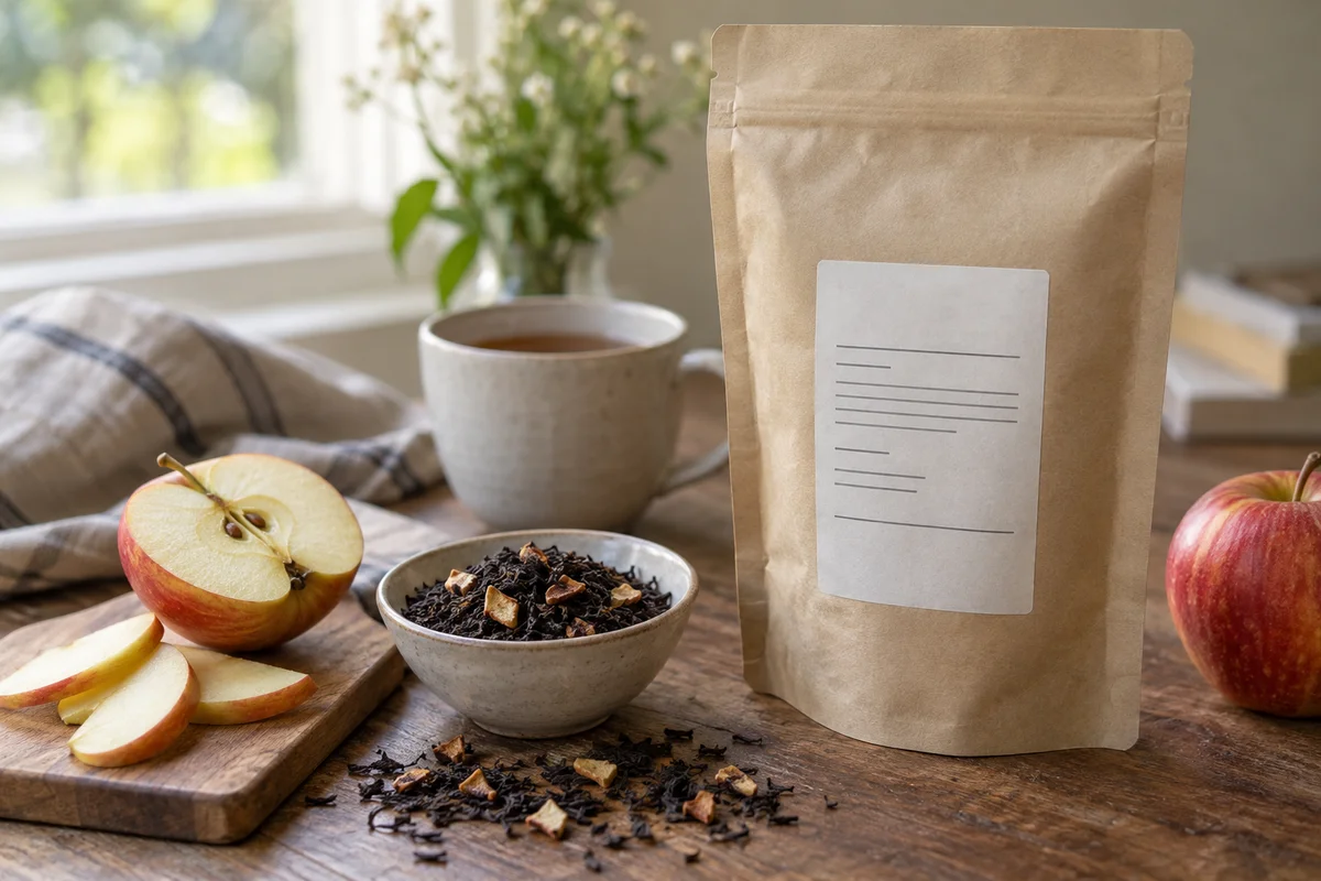 Back of plain tea pouch with restrained ingredient label beside visible apple pieces and black tea