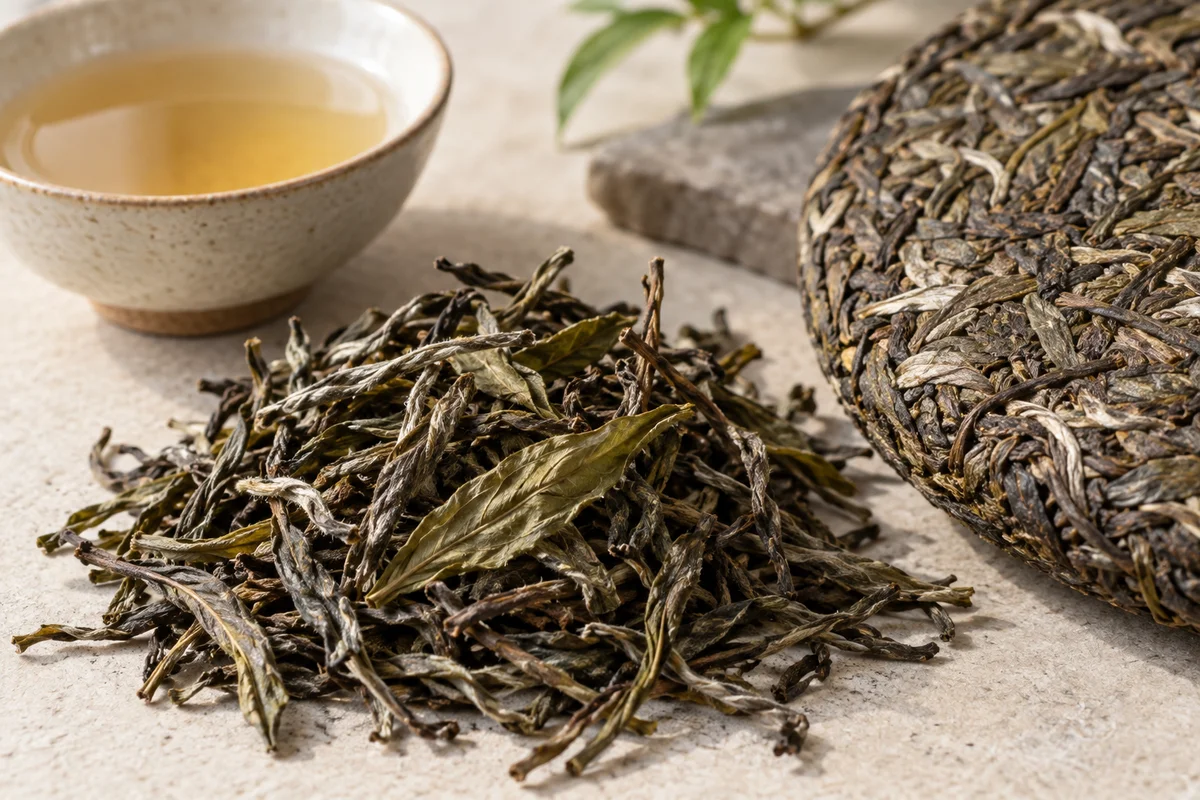 Lose junge Sheng-Pu-Erh-Blätter neben einem Teefladen und hellbernsteinfarbenem Tee
