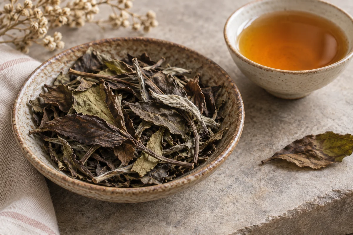 Broad bronze-brown Shou Mei leaves beside amber white tea