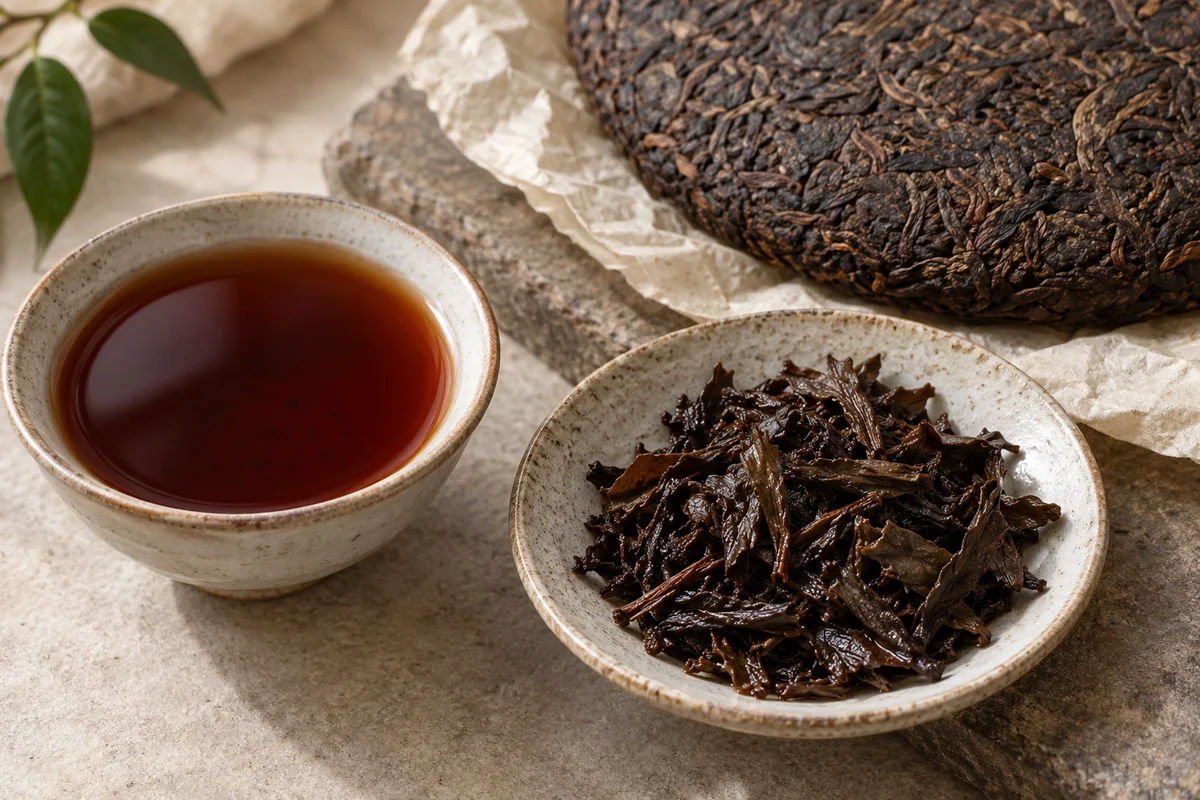 Dark ripe pu-erh leaves, a cake and reddish-brown tea