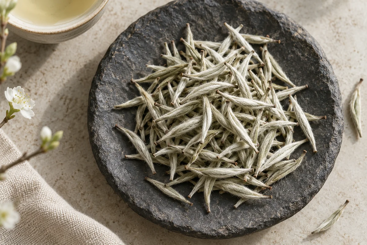 Long downy Silver Needle tea buds against dark stone