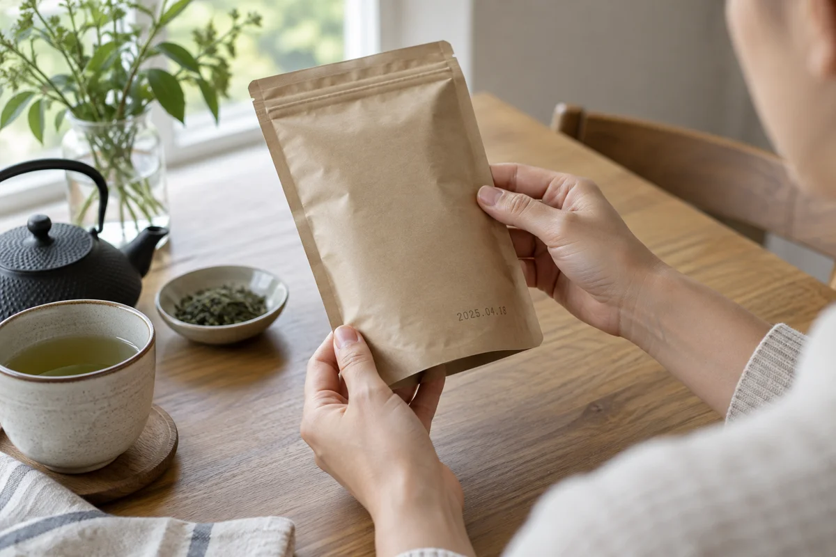 Ungeöffnete Teepackung mit Datumsaufdruck auf einem sauberen Tisch