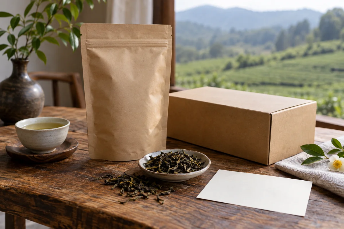 Teepackung und Versandkarton neben losen Blättern
