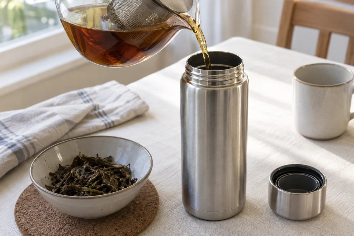 Abgeseihter Tee wird neben einem leeren Sieb in eine Thermosflasche gefüllt