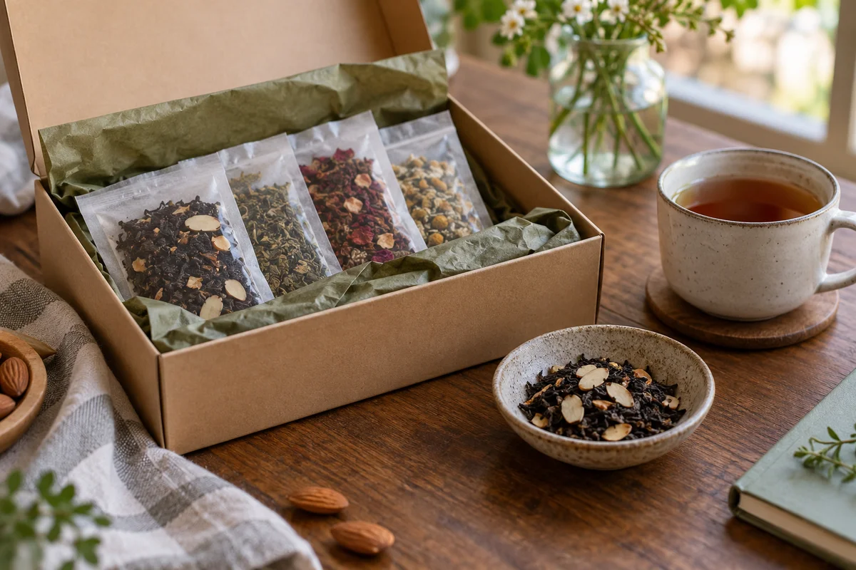 Offene Geschenkbox mit Teepackungen und einer Probe mit Mandelstücken