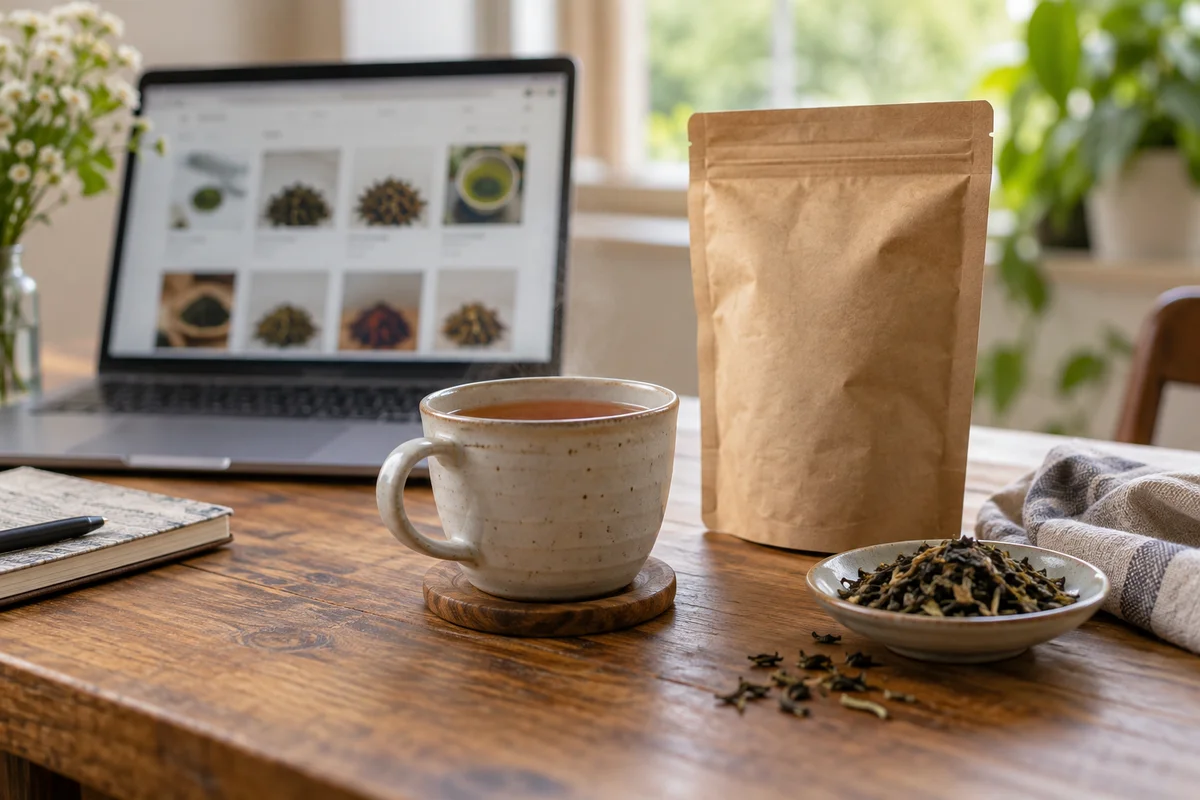 Laptop mit Teeshop neben Teepackung und Tasse