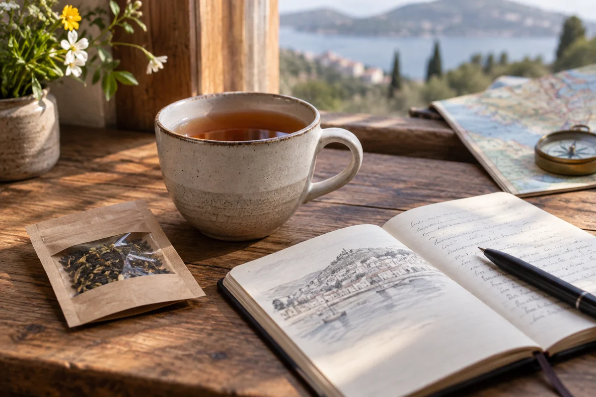 Kleine Teepackung und Reisenotizbuch neben einer Tasse