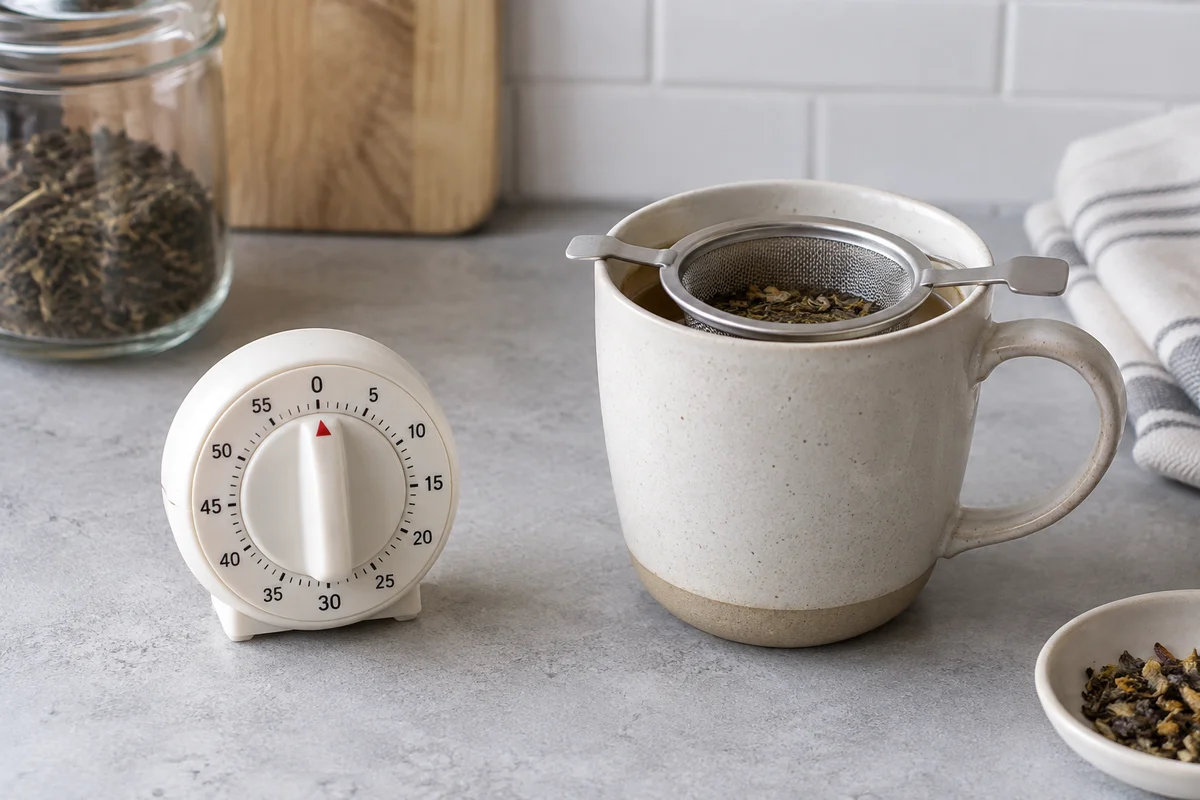 Ein Küchentimer neben einer Tasse mit Teesieb