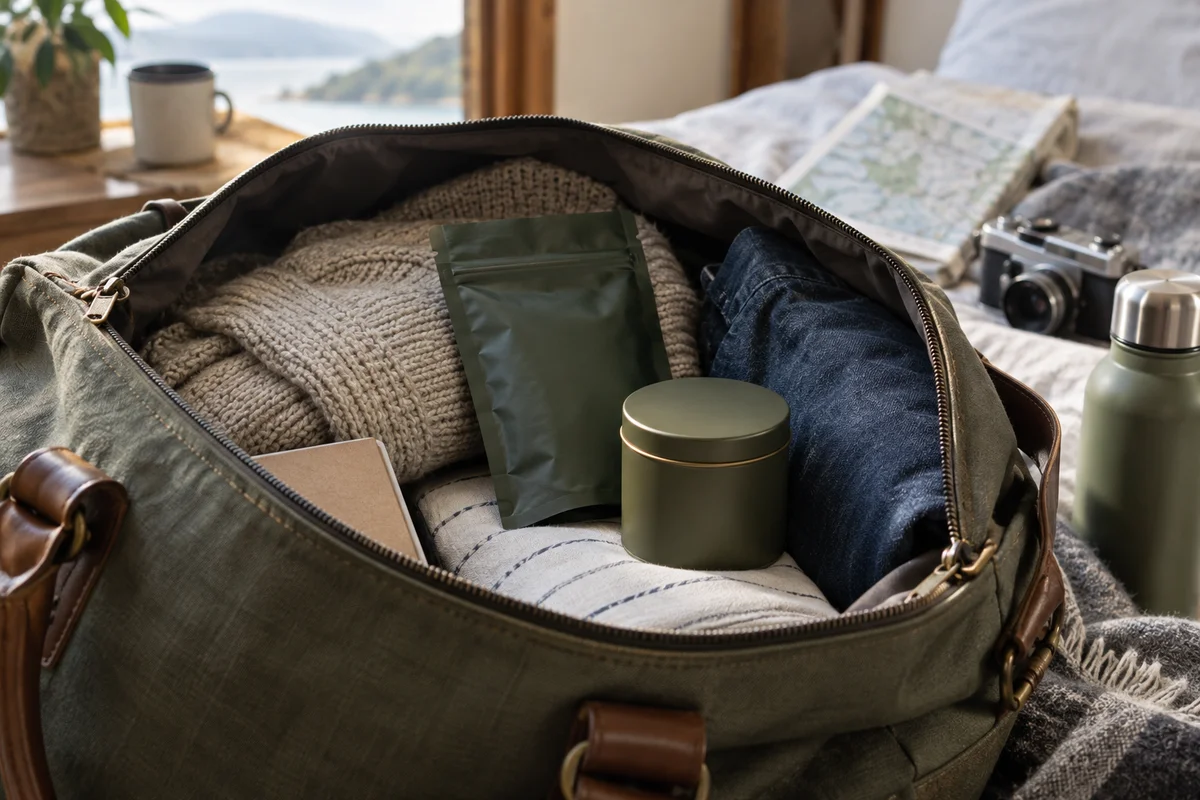 Kleine verschlossene Teedose und Teepackung in einer Reisetasche