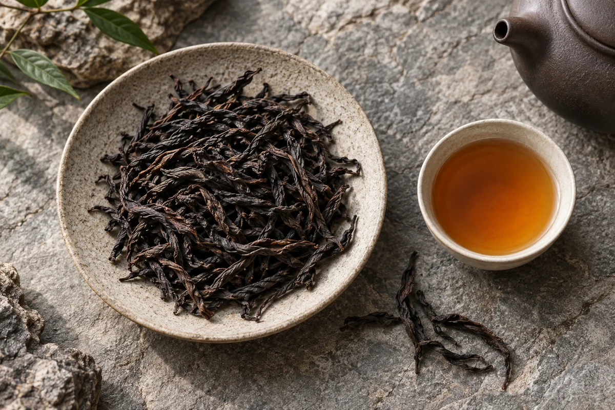 Lange dunkle Wuyi-Oolongblätter neben bernsteinfarbenem Tee auf grauem Stein