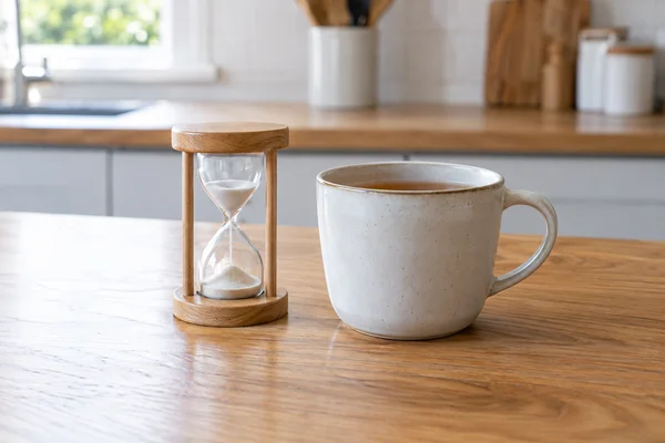 Teetimer und Tasse auf einer freien Küchenarbeitsfläche