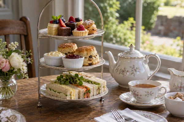 Etagere mit Sandwiches, Scones und Kuchen neben einer Teekanne