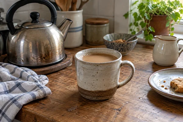 Alltägliche Tasse Milchtee neben einem Wasserkocher