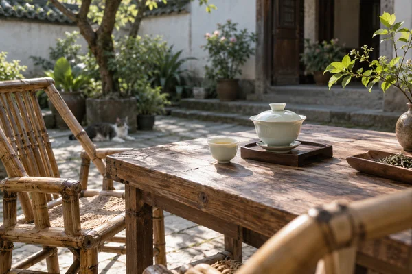 Bambusstühle und Tisch mit Deckelschale in einem offenen Hof