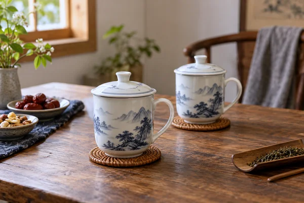 Zwei schlichte chinesische Deckeltassen auf einem Holztisch