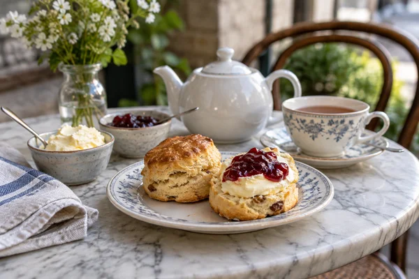 Zwei Scones mit Clotted Cream, Konfitüre und einer Kanne Tee