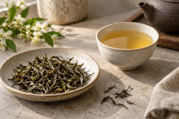 Grünbraune First-Flush-Darjeelingblätter neben hellgoldenem Tee