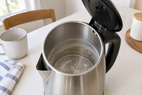 Helle Kalkablagerungen im Inneren eines offenen Wasserkochers