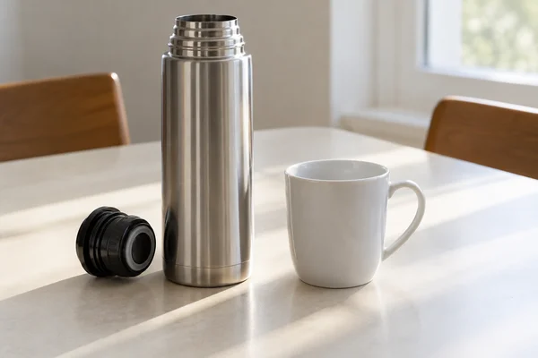 Eine offene Edelstahlflasche mit abgenommenem Verschluss neben einer Tasse Tee