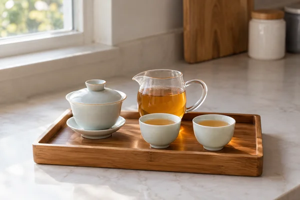 Ein kleiner Gaiwan mit Servierkanne und zwei Tassen auf einem Tablett