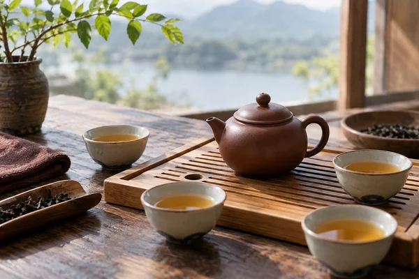 Kleine chinesische Teekanne und vier Probiertassen auf einem Teebrett