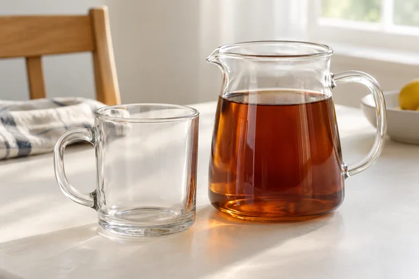 Ein transparenter Glasbecher neben einer Glaskanne mit bernsteinfarbenem Tee