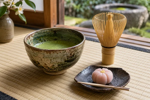 Matchaschale und kleines Wagashi auf Tatami neben einem Bambusbesen