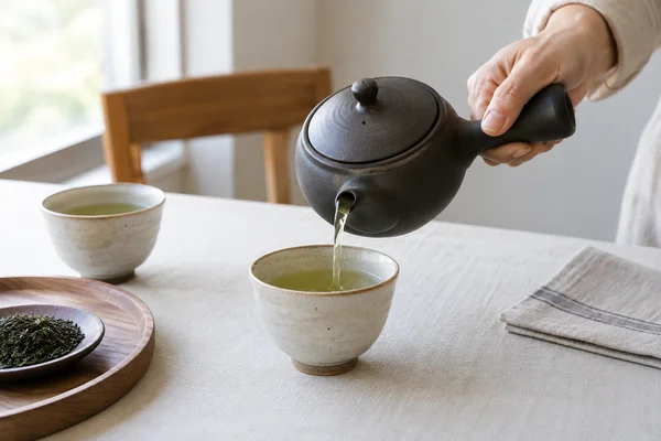 Eine japanische Seitengriffkanne gießt Tee in eine kleine Tasse