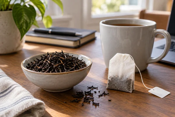 Loser Schwarztee neben einem Papierbeutel und einer Bürotasse