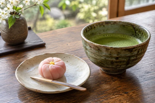 Ein Wagashi auf einem kleinen Teller neben einer Matchaschale