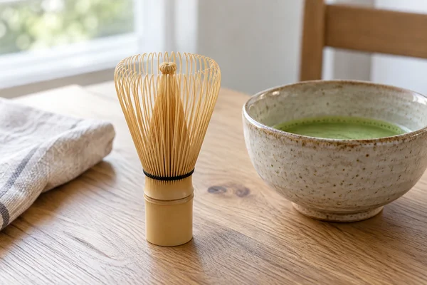Ein aufrecht stehender Bambusbesen neben einer Schale Matcha