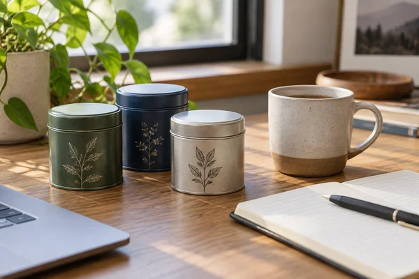 Drei kleine Teedosen neben einer Tasse am Schreibtisch