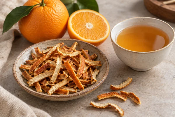 Getrocknete Orangenschalenstücke und frische Schale neben einem klaren Aufguss