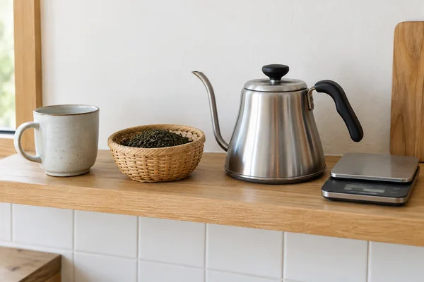 Wasserkocher, Tasse, loser Tee und kleine Waage auf einem Küchenregal